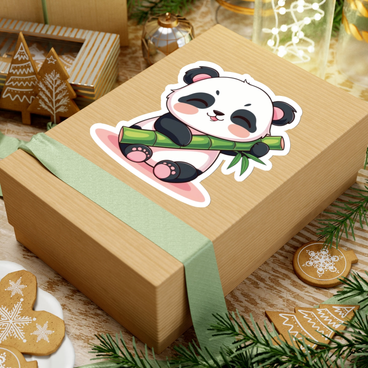 Sleepy Kawaii Panda Holding Bamboo